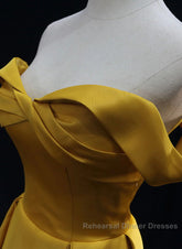 Yellow A-Line Simple Satin Off Shoulder Semi Formal Prom Dress, Yellow Satin Formal Dress